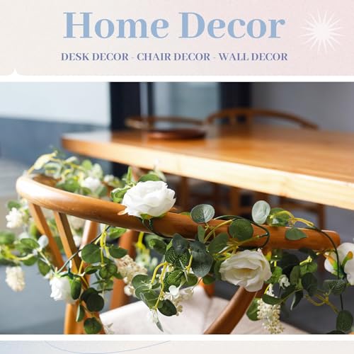 Der Rose 2 Pcs 13FT Artificial Flower Garland, White Rose & Eucalyptus Floral Garland, Faux Flower Vine for Wedding Decor ...