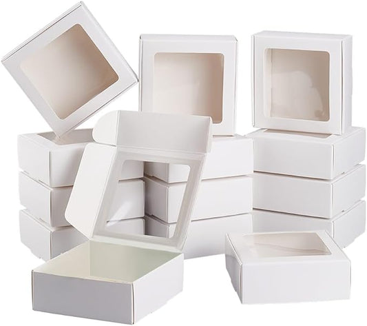 BENECREAT 20 Pack White Kraft Paper Boxes with Clear Window 3.6x3.6x1.4 Gift Packaging Boxes for Bakery Cookies Cake Candy...