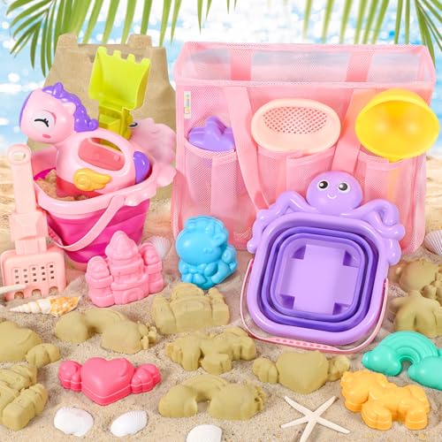 CatchCute Unicorn Collapsible Beach Toys,14 PCS Sand Toys Set with Animal Foldable Buckets,Shovels,Sifter,Sand Molds,Castl...