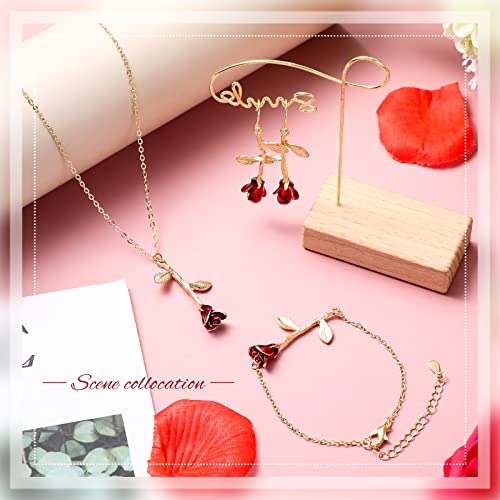 18K Gold Plated Jewelry Set Rose Necklace Bracelet Earrings Red Rose Flower Pendant for Christmas Gift Women