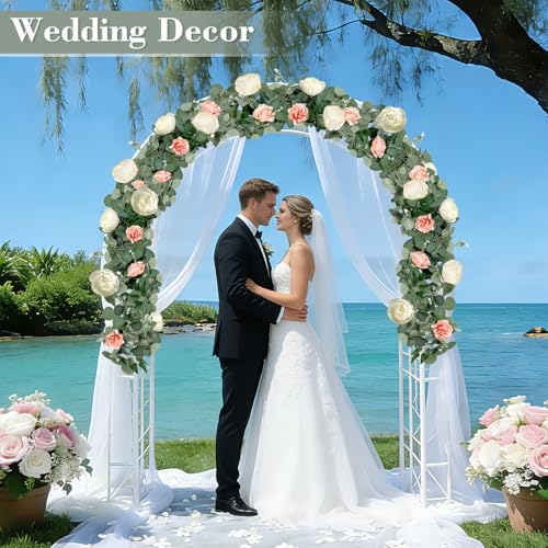 2 Pack 13Ft Artificial Eucalyptus Flower Garland with 16 White Peony Pink Rose, Baby Breath Fake Flowers Greenery Garland ...