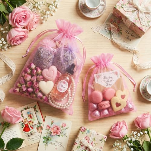 FUNFERY 100 Pcs Pink Organza Bags 5x7 in, Small Mesh Drawstring Gift Bags for Sachet, Jewelry, Candy, Wedding Favor, Valen...