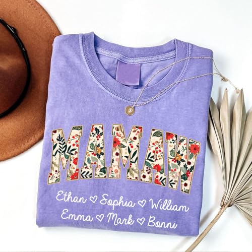 Personalized Floral Mama Grandma Shirt with Kids Name, Custom Gifts for Mom Grandma, Mother’s Day Shirt for Women