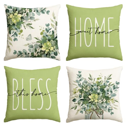 AVOIN Colorlife Home Sweet Home Eucalyptus Leaves Green Throw Pillow Covers, 18x18 Inch Spring Summer Seasonal Decorations...