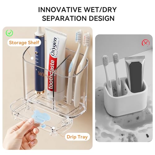 Toothbrush Holders with Drainage for Bathroom Countertop Organizer, 2 Slots Electric Toothbrush Holder Wall-Mount with Div...