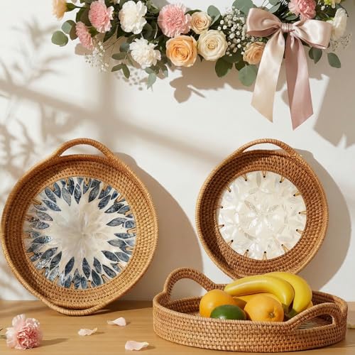 Mothers Day Gifts Set – 3 Handwoven Rattan Trays with Natural Shell Inlay, Boho Decorative Wicker Serving & Coffee Table T...