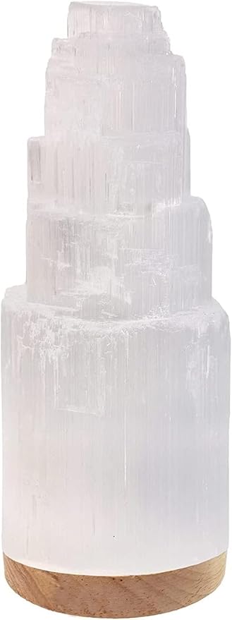 Salt Range Selenite Crystal Lamp 20cm with Wooden Base, USB Powered Natural White Selenite Stone Night Light for Bedroom, ...