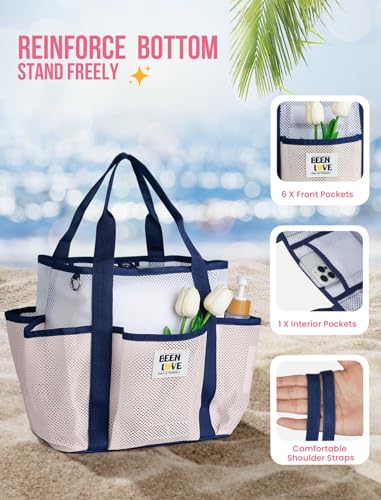 nemeki Mesh Beach Bag for Women Small Beach Tote Bag Sandproof Foldable Swim Pool Bag with 8 Pockets for Travel
