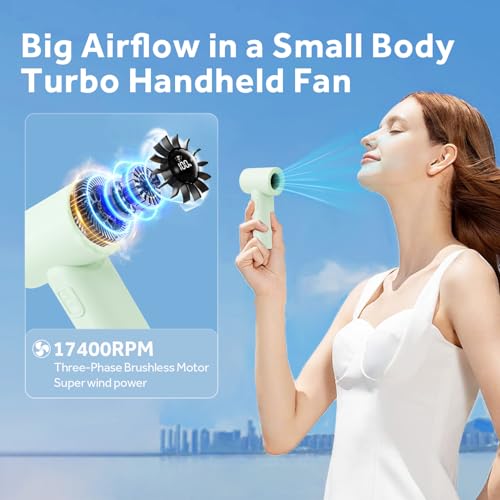 Portable Handheld Turbo Fan, 5 Gear Wind, LED Display, 4500mAh USB Rechargeable Hand Held Personal Fan, 15H Max Cooling Ti...