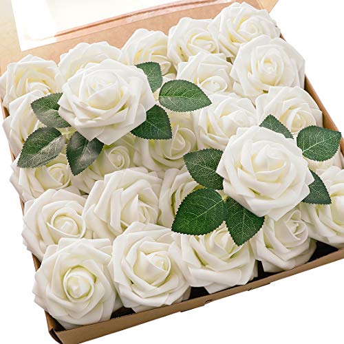Floroom Artificial Flowers 50pcs Real Looking Ivory Foam Fake Roses with Stems for DIY Wedding Bouquets White Baby Shower ...