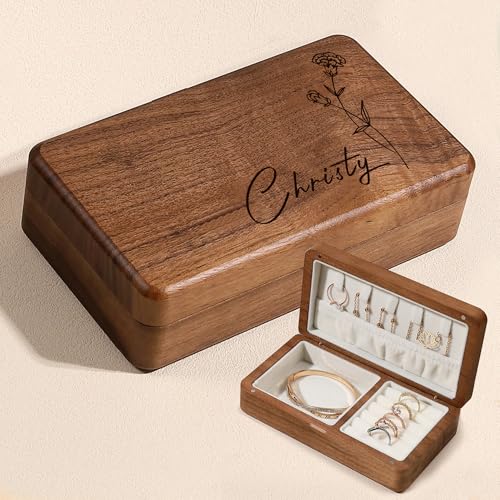 Personalized Jewelry Box Gifts for Women Custom Birthday Wooden Jewelry Box Gifts with Birth Month Flower Walnut Wood Trin...