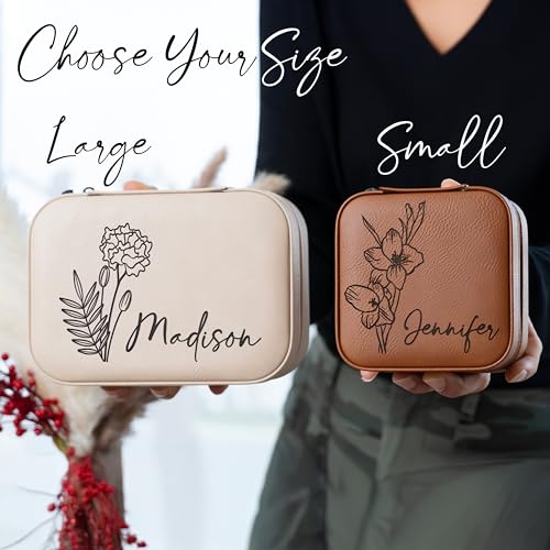 Custom Leather Jewelry Box w/Name & Birth Flower Month - Birthday Gifts for Women, Personalized Jewelry Travel Case - Cust...
