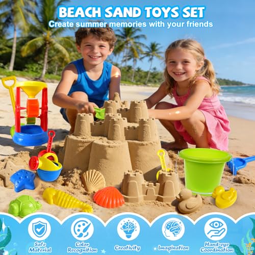 Beach Toys, 19 Piece Sand Toys Set Kids Sandbox Toys Includes Water Wheel Beach Tool Kit Bucket Watering Can Molds with Me...