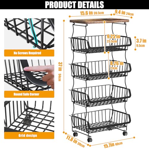 Gsiekare Fruit Vegetable Basket for Kitchen, 5 Tier Stackable Fruit Vegetable Storage Baskets with Wheels, Metal Wire Stor...