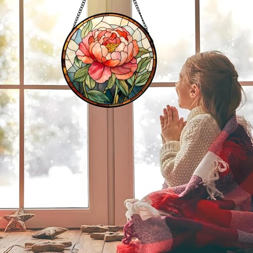 HWRHTR Stained Glass Window Hanging - Pink Peony Floral Suncatcher for Door Garden Yard Birth Flower Sun Catchers Decor Ch...