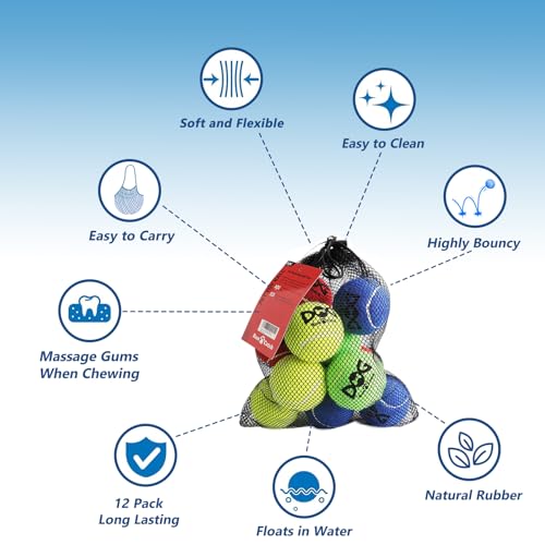 INSUM Tennis Balls for Dogs - 12 Pack 2.5'' Durable Non-Toxic Outdoor Dog Toys Balls with Mesh Bag, SGS Certified, Colorfu...