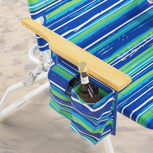 Tall Beach Chairs for Adults, 17" High Backpack Beach Chair with Wooden Armrests, 5 Positions Reclining Heavy Duty Chair w...