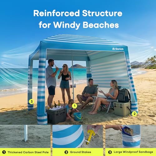 Gorich Beach Cabana with UPF50+ UV Protection, 8x8 FT/10x10 FT Beach Canopy Tent with Side Wall, Easy Setup, Windproof Por...