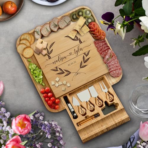 Personalized Charcuterie Board Gift Set - Custom Engraved Bamboo Cheese Board with Knife Set, Monogrammed Serving Platter ...