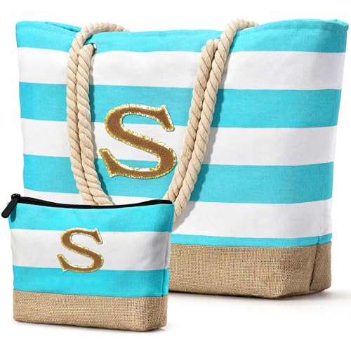 Becokan Beach Bag Initial Beach Tote with Makeup Bag for Travel Work Storage Personalized Birthday Gifts for Women Her