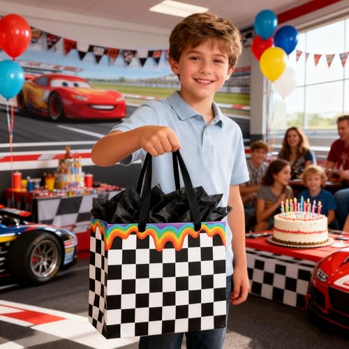 ASYEHJNR 13" Large Size Checkered Rainbow Gift Bag Black and White Plaid Gift Bag with Greeting Card and Tissue Paper for ...