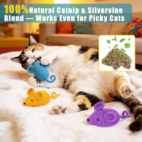 Retro Shaw Catnip Toys Crochet Mice Cat Toys, 3 Pcs Durable Yarn Cat Mouse Toys for Indoor Cats, Stuffed with Natural Catn...
