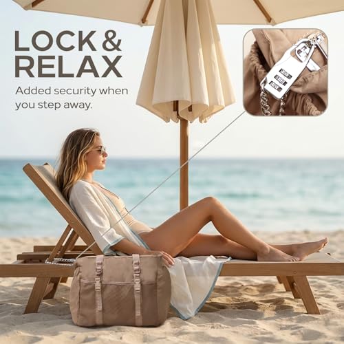 Omanmoli Beach Bag for Women Tote Bag Large with Anti-theft Lock & Chain,40oz Holder,Cruise Travel Vacation Picnic Pool Gy...