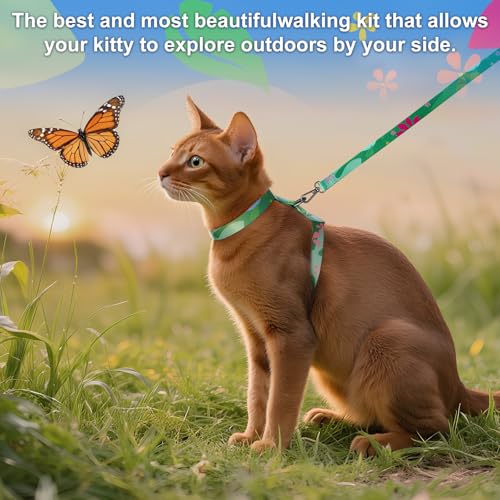 Cat Harness and Leash Set with Matching Collar – Escape Proof Harness for Cats, Adjustable & Lightweight, Tropical Hawaiia...