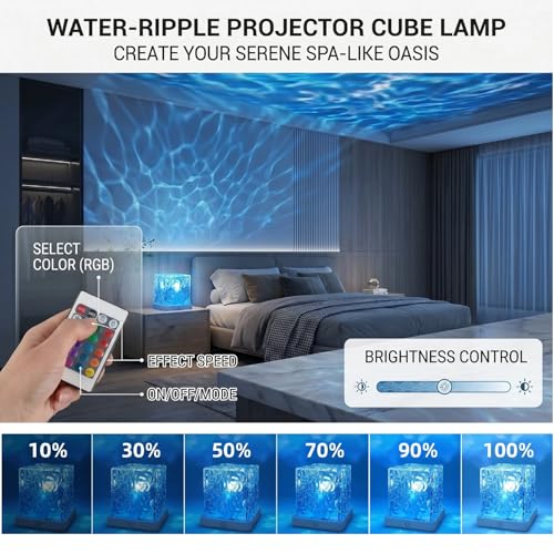 Rechargeable Ocean Wave Projector Light, 16 Color Changeable & Dimmable Shower Lamp with Remote, Cube Mood Ambient Lightin...