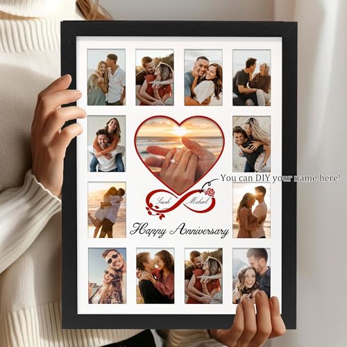 FramePro 12x16 Heart Anniversary Collage Picture Frame, DIY Names Custom Multi Photo Frame Holds 13 Photos, Anniversary De...