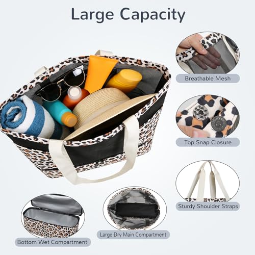 Codcey Mesh Beach Bag Women with Leakproof Wet Compartment,Large Tote Bag for Pool Travel Daily