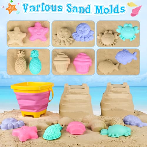 Collapsible Beach Toys for Kids, 3 Pack Foldable Sand Buckets and Shovels Set with Mesh Bag, Silicone Pails Shovels Molds,...