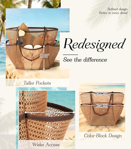 Yeendibo 2026 Upgraded Beach Bag for Women – Boho Chic Nylon Mesh Hobo Tote with Detachable Zipper Pouch & Canvas Base | C...