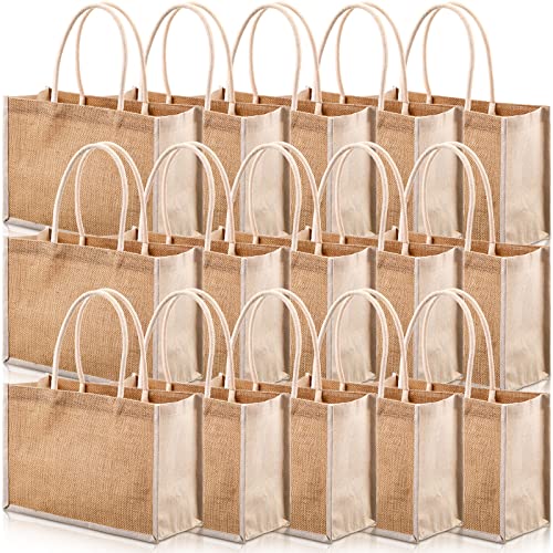 Reginary 16 Pcs Jute Tote Gift Bags Natural Burlap Grocery Shopping Bag Beach Tote with Handle for Bridesmaid Wedding Travel