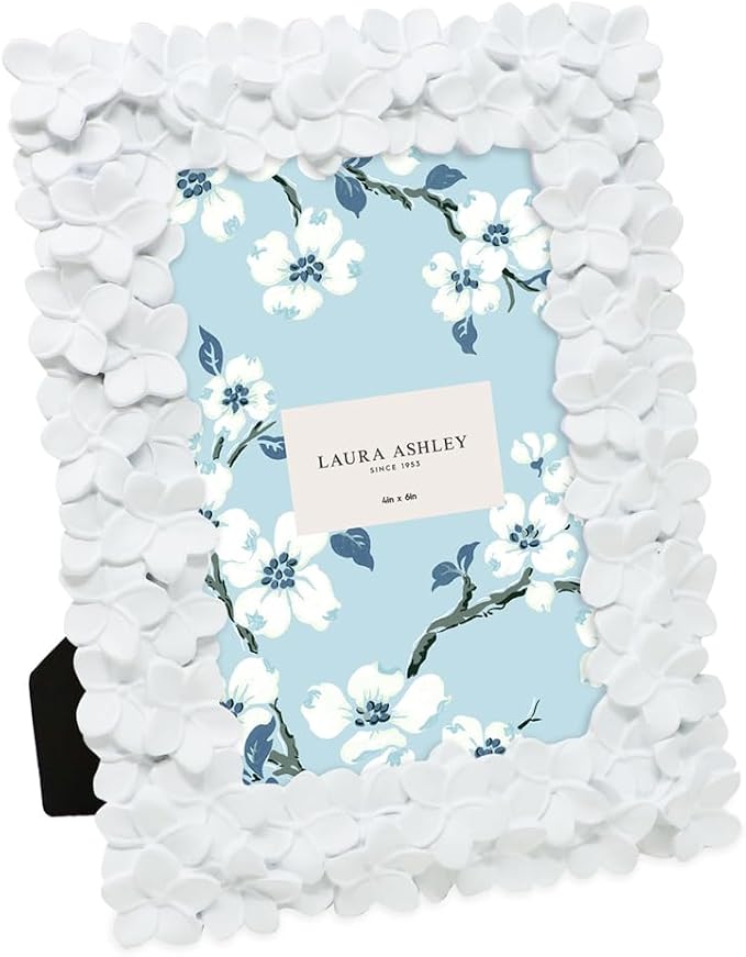 Laura Ashley 4x6 White Flower Textured Hand-Crafted Resin Picture Frame w/Easel & Hook for Tabletop & Wall Display, Decora...