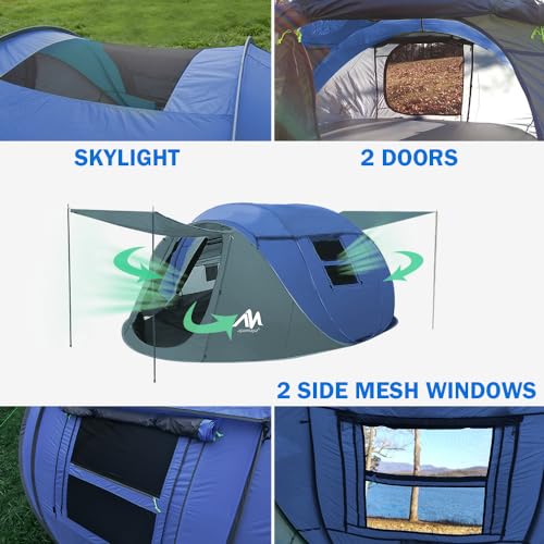4 Person Pop Up Tents for Camping - AYAMAYA Upgraded Large Size & Skylight & Removable Rainfly & 2 Doors & Waterproof Inst...