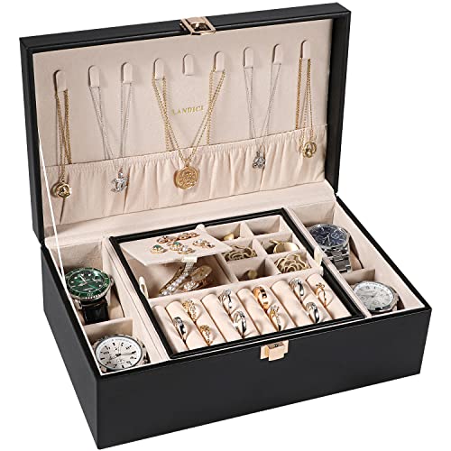 LANDICI Jewelry Box Organizer for Men Women, 2 Layer 4 Slot Watch Storage Case with Removable Tray, PU Leather Large Jewel...