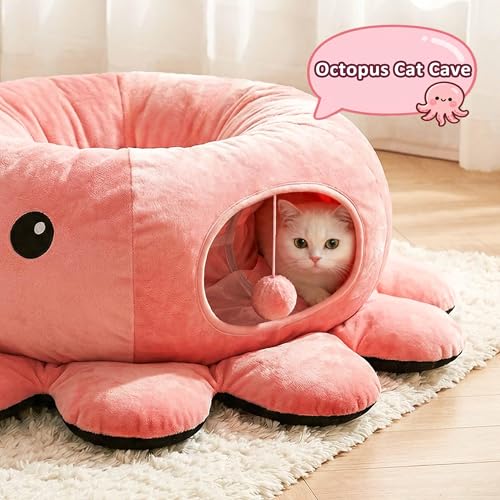 VIEFIN Cat Tunnel Bed with 20 Cat Toys, Collapsible Play Tunnel for Indoor Cats, Kitten Toys for Indoor Kittens, Octopus S...