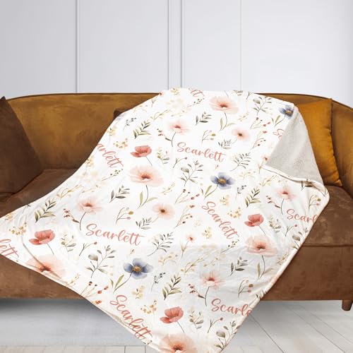 NAZENTI Personalized Baby Blanket, Baby Girl Gift Unique, Custom Baby Floral Blanket with Name Wildflower, Personalized Bo...