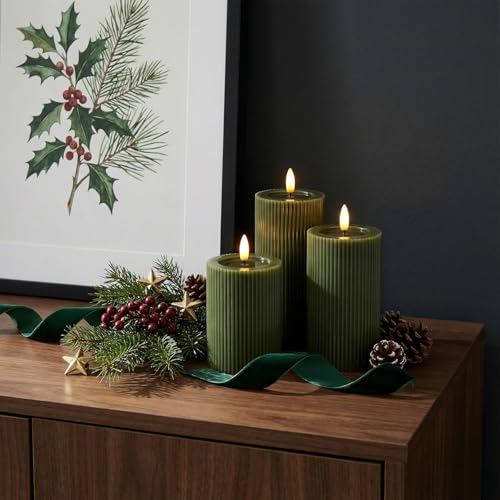 WYZworks Ribbed Fluted Real Wax Flameless LED Pillar Candles, Loden Sage Olive Green, Melted-Wax Top Look, Flickering Flam...