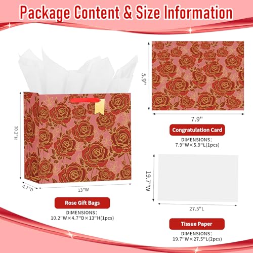 Bloomwords 13" Mother's Day Bags with Card Tissue(Rose Flower) - Birthdays, Valentine’s, Weddings, Anniversaries, Kit incl...