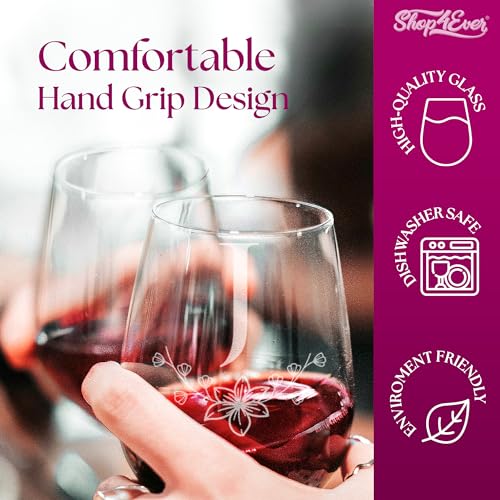 Floral Monogram Engraved Initial Letter Stemless Wine Glass 15 oz. Personalized Monogrammed Custom Gift (J)