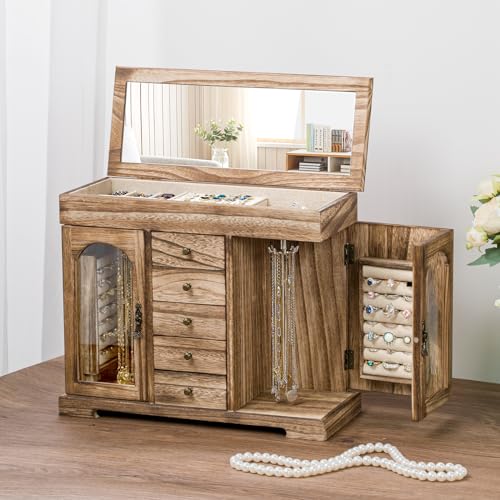 Miratino Jewelry Box for Women Girls, Rustic Wooden Jewelry Organizer Box with Mirror, 5 Layer Jewelry Storage Case Displa...