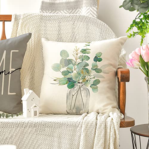 AVOIN Colorlife Home Sweet Home Eucalyptus Leaves Throw Pillow Covers 18x18 Inch Set of 4, Spring Summer Seasonal Decorations