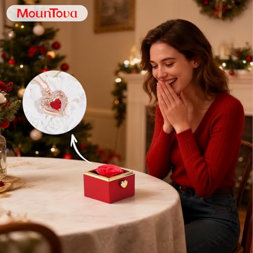 mountova Valentine’s Day Gift for Her Preserved Rose Surprise Box with Heart Necklace, Luxury Flip Jewelry Box, Romantic G...