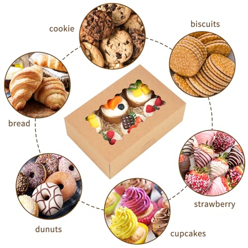 Moretoes 28pcs Cookie Boxes with Window, 9x6x3 Inch Brown Bakery Boxes Pastry Containers for Chocolate Covered Strawberrie...