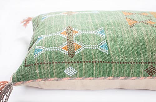 Extra Long Lumbar Pillow Cover (12 X 28 inches) | Hand-Woven Cactus Silk Green Pillow Linen Cover | Rustic Décor Bohemian ...