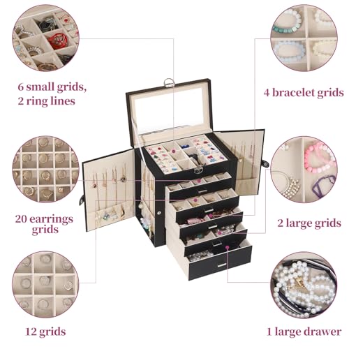 BOOVO Jewelry Box For women, 6 Layer Large Jewelry Organizer With Mirror, Multi-Function Storage Box With Lock, Accessory ...