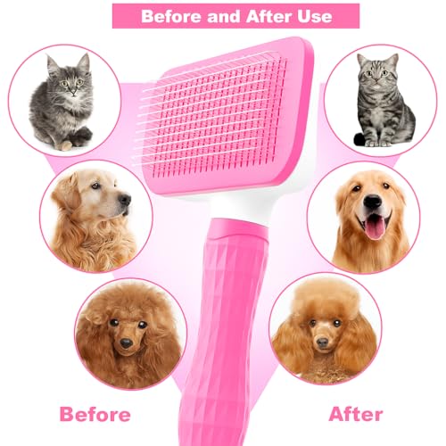 Generic Pink Cat grooming brush, Pet hair brush with Massage Particles, Self Cleaning Dematting Comb for Dogs and Cats, Ea...