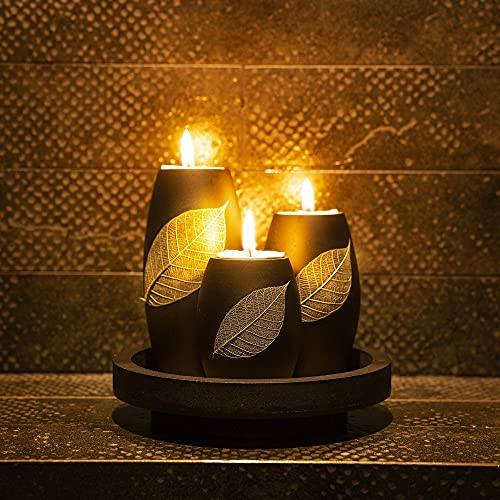 IYARA CRAFT Candle Holder Set with Tray – 3 Handmade Wood Tealight Holders, Black Leaf Design, Winter Home Décor, Spa-Insp...